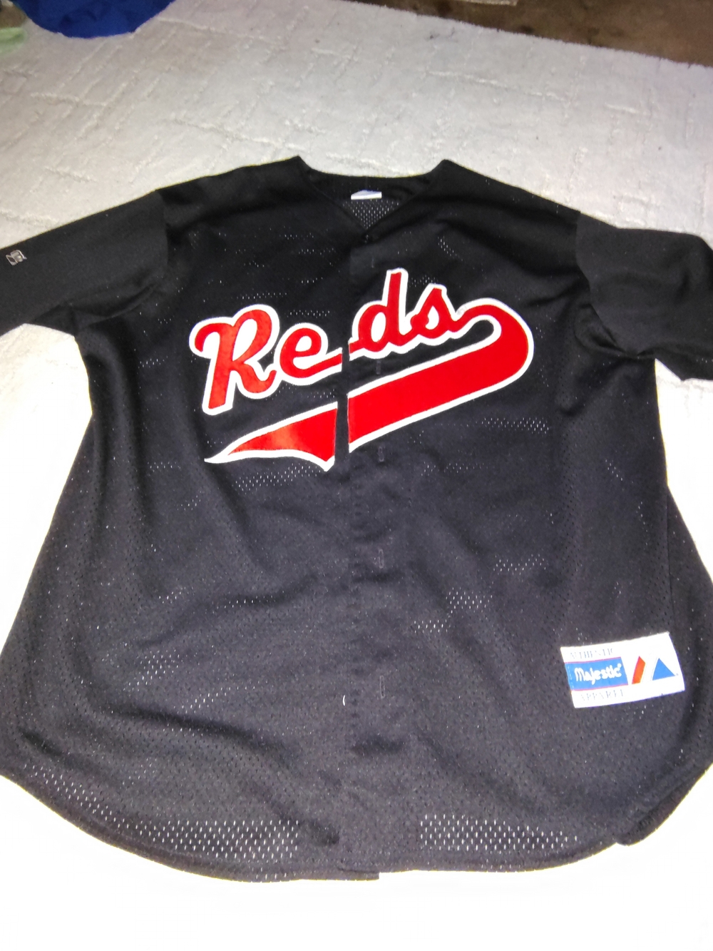 Majestic Black Jersey with Red and White "Reds" Script